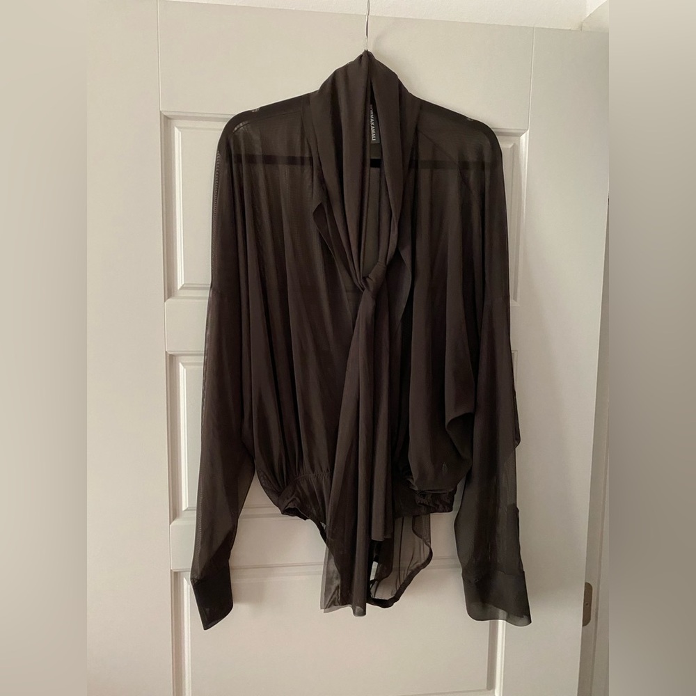 Norma Kamali Charcoal Sheer Blouse Bodysuit with bow